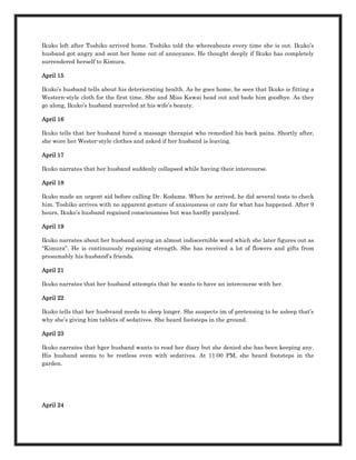 Ikuko left after Toshiko arrived home. Toshiko told the whereabouts every time she is out. Ikuko’s
husband got angry and sent her home out of annoyance. He thought deeply if Ikuko has completely
surrendered herself to Kimura.

April 15

Ikuko’s husband tells about his deteriorating health. As he goes home, he sees that Ikuko is fitting a
Western-style cloth for the first time. She and Miss Kawai head out and bade him goodbye. As they
go along, Ikuko’s husband marveled at his wife’s beauty.

April 16

Ikuko tells that her husband hired a massage therapist who remedied his back pains. Shortly after,
she wore her Wester-style clothes and asked if her husband is leaving.

April 17

Ikuko narrates that her husband suddenly collapsed while having their intercourse.

April 18

Ikuko made an urgent aid before calling Dr. Kodama. When he arrived, he did several tests to check
him. Toshiko arrives with no apparent gesture of anxiousness or care for what has happened. After 9
hours, Ikuko’s husband regained consciousness but was hardly paralyzed.

April 19

Ikuko narrates about her husband saying an almost indiscernible word which she later figures out as
“Kimura”. He is continuously regaining strength. She has received a lot of flowers and gifts from
presumably his husband’s friends.

April 21

Ikuko narrates that her husband attempts that he wants to have an intercourse with her.

April 22

Ikuko tells that her husbvand needs to sleep longer. She suspects im of pretensing to be asleep that’s
why she’s giving him tablets of sedatives. She heard footsteps in the ground.

April 23

Ikuko narrates that hger husband wants to read her diary but she denied she has been keeping any.
His husband seems to be restless even with sedatives. At 11:00 PM, she heard footsteps in the
garden.




April 24
 
