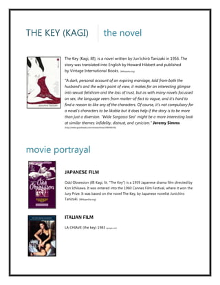 THE KEY (KAGI)                               the novel

         The Key (Kagi, 鍵), is a novel written by Jun'ichirō Tanizaki in 1956. The
         story was translated into English by Howard Hibbett and published
         by Vintage International Books. (Wikipedia.org)

         “A dark, personal account of an expiring marriage, told from both the
         husband's and the wife's point of view, it makes for an interesting glimpse
         into sexual fetishism and the loss of trust, but as with many novels focussed
         on sex, the language veers from matter-of-fact to vague, and it's hard to
         find a reason to like any of the characters. Of course, it's not compulsory for
         a novel's characters to be likable but it does help if the story is to be more
         than just a diversion. "Wide Sargasso Sea" might be a more interesting look
         at similar themes: infidelity, distrust, and cynicism.” Jeremy Simms
         (http://www.goodreads.com/review/show/396048336)




movie portrayal

         JAPANESE FILM
         Odd Obsession (鍵 Kagi, lit. "The Key") is a 1959 Japanese drama film directed by
         Kon Ichikawa. It was entered into the 1960 Cannes Film Festival, where it won the
         Jury Prize. It was based on the novel The Key, by Japanese novelist Junichiro
         Tanizaki. (Wikipedia.org)




         ITALIAN FILM
         LA CHIAVE (the key) 1983 (google.com)
 