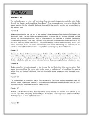 SUMMARY
New Year’s Day

The husband started to write a self-kept diary about his sexual disappointments to her wife, Ikuko.
He tells his dismays and complaints about Ikuko’s firm conservativeness extremely affecting his
sexual appetite. He also voices his declining vigor and his fear that its severity may prompt Ikuko to
find another man.

January 4

Ikuko unintentionally saw the key of his husband’s diary in front of the bookshelf one day while
tidying his room. Yet she did not bother to access it thinking that it’s against his moral virtues.
Instead, she commenced to write a diary of herself as well and promised to never let his husband
gain knowledge about it. She notes about the inability of her husband to satisfy her because of her
own fault. She tells about her husband’s complains of being too rigid and disallowing during their
sexual encounters. Ikuko also thinks how daunting their sexual relationship has been and how she
hated the wrinkled face of his husband along with his unnerving way of sexual foreplays.

January 7

Kimura, the fiancé of the couple’s daughter, Toshiko paid a visit. They had a small tete-a-tete at
home while drinking brandy at the side. He notices the particular closeness of Ikuko and Kimura
and how reticent is Toshiko towards Kimura. He got jealous about the idea and shortly dismissed it.
He later tells Ikuko not to pay a close attention between the young couples but she only ignored him.

January 8

Ikuko remembers being intoxicated by the brandy she had last night. She narrates about their
sexual activity and how she winced after having looked at his husband’s wrinkled face. She goes on
telling about her husband’s declining vigor and his horrible sexual styles that make her mood utterly
spoiled.

January 13

The husband feels strange about asking Kimura to stay for the dinner. As they savored the meal, his
jealousy stirred up again yet it seems to excite an unusual feeling of happiness inside him. He thinks
Kimura could play an interesting role in his sexual life.

January 17

He tells that they have started drinking brandy every evening and how he feels seduced by the
unusual sight of his wife partly drank and tipsy. He tells that his main goal is to get her into bed yet
Ikuko appears to be more rigid when drunk.



January 20
 