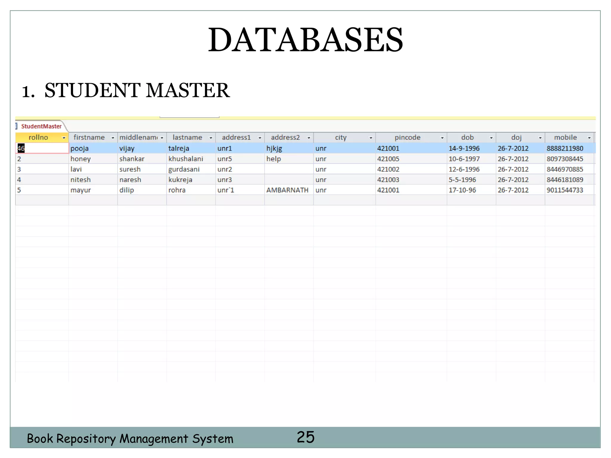 Book Repository Management System 25
DATABASES
1. STUDENT MASTER
 