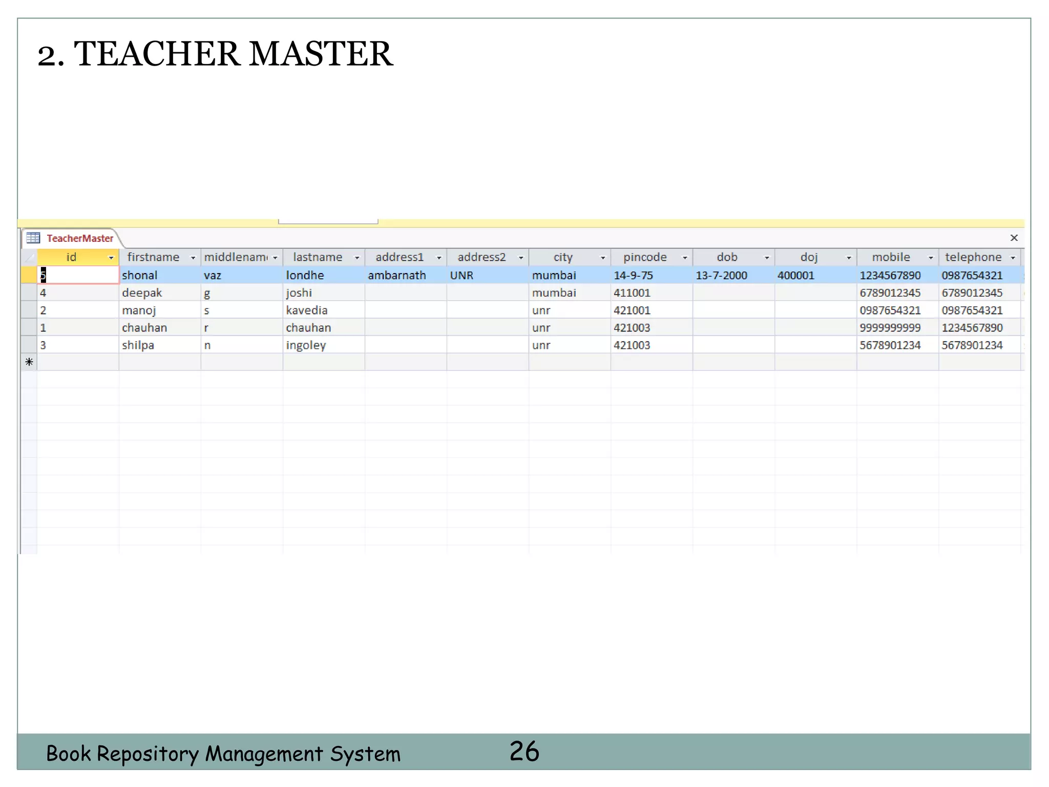 Book Repository Management System 26
2. TEACHER MASTER
 