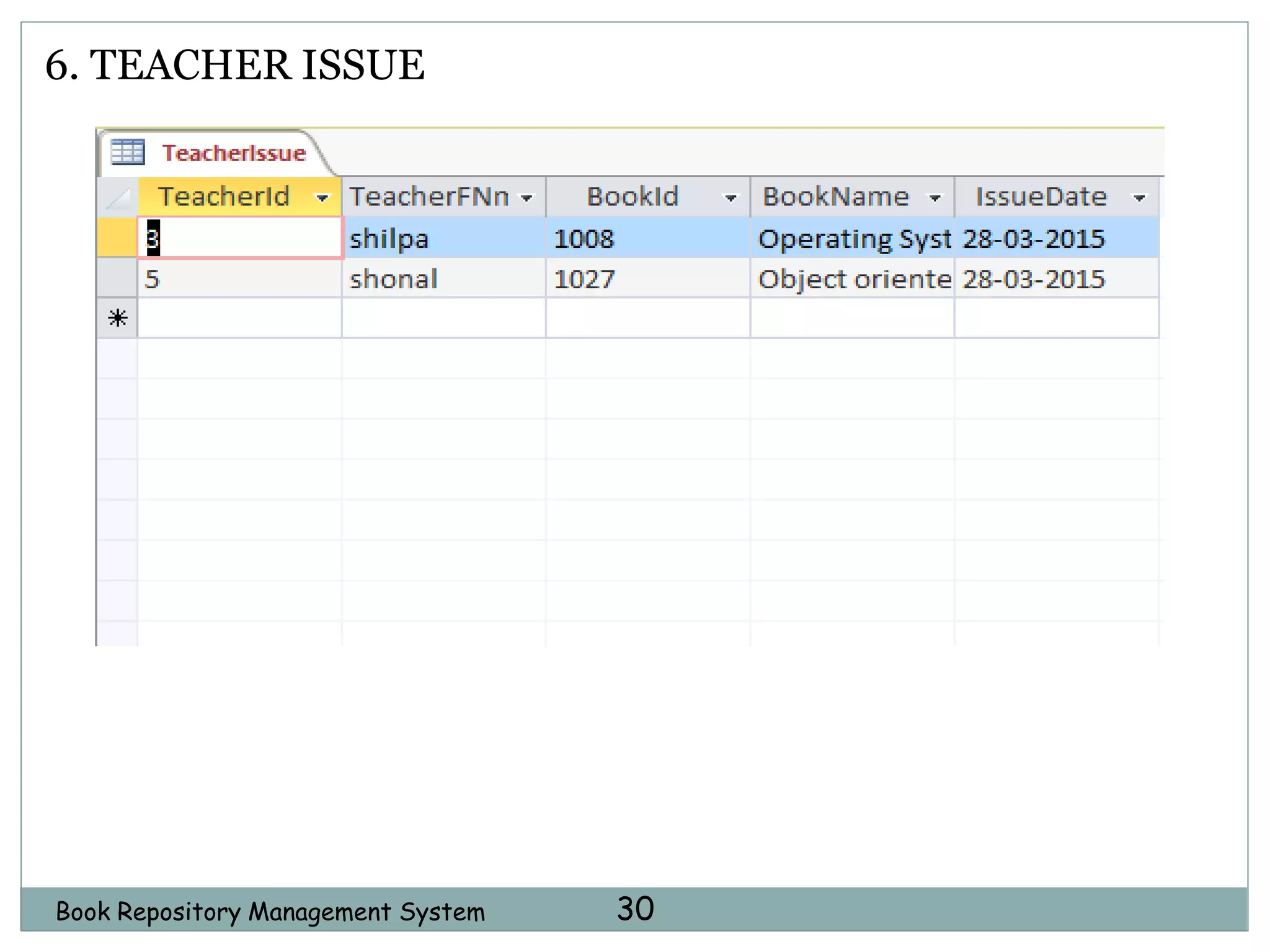 Book Repository Management System 30
6. TEACHER ISSUE
 