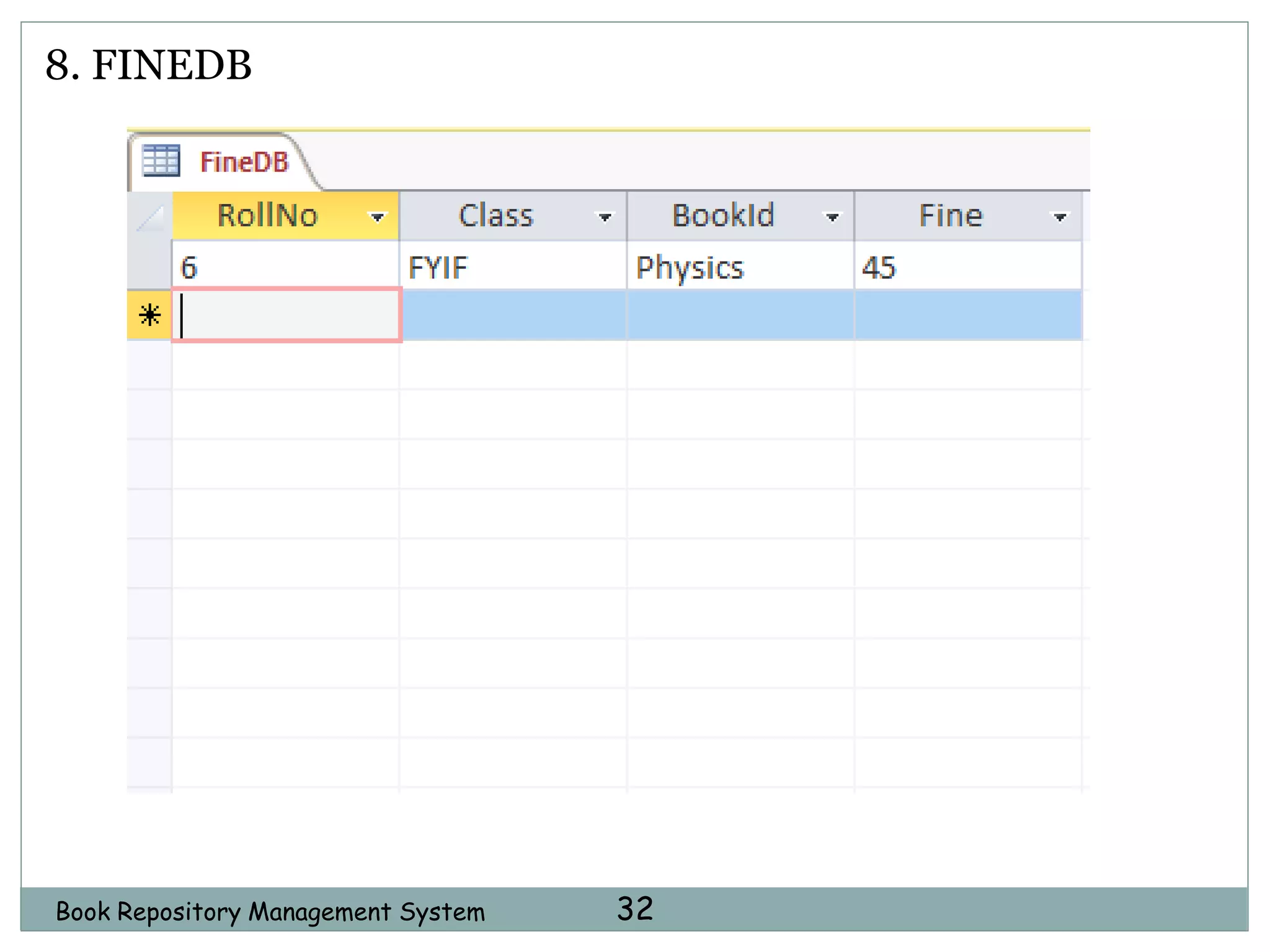 Book Repository Management System 32
8. FINEDB
 