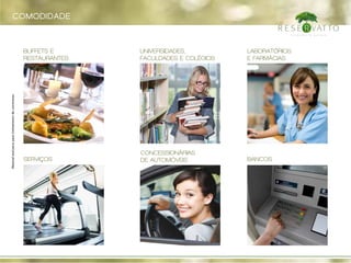 serviços
universidades,
faculdades e colégios
bancos
comodidade
BUFFETS E
RESTAURANTES
concessionárias
de automóveis
LABORATórios
e farmácias
Materialexclusivoparatreinamentodecorretores
 