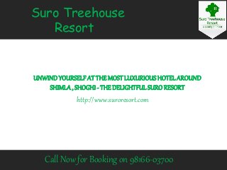 Suro Treehouse
Resort
UNWINDYOURSELFAT THE MOST LUXURIOUSHOTELAROUND
SHIMLA, SHOGHI - THE DELIGHTFULSURO RESORT
Call Now for Booking on 98166-03700
http://www.suroresort.com
 