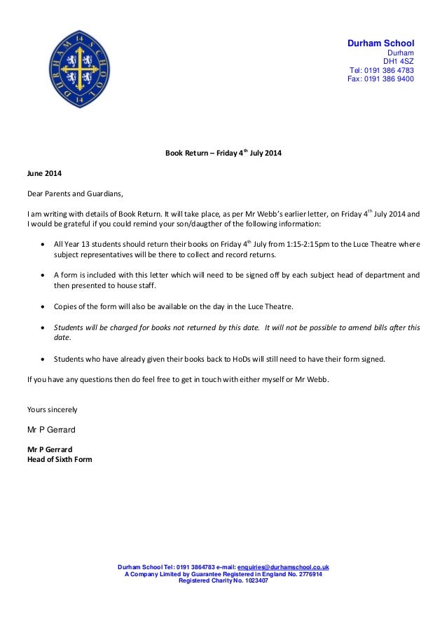 Book return letter and form 2014