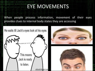 EYE MOVEMENTS
When people process information, movement of their eyes
provides clues to internal body states they are accessing

 
