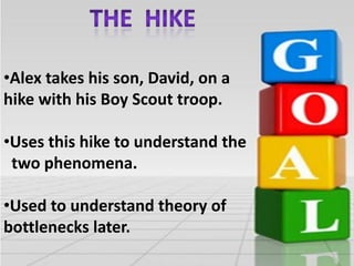 •Alex takes his son, David, on a
hike with his Boy Scout troop.
•Uses this hike to understand the
two phenomena.

•Used to understand theory of
bottlenecks later.

 