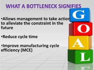 •Allows management to take action
to alleviate the constraint in the
future
•Reduce cycle time
•Improve manufacturing cycle
efficiency (MCE)

 