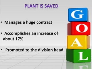 • Manages a huge contract
• Accomplishes an increase of
about 17%
• Promoted to the division head.

 