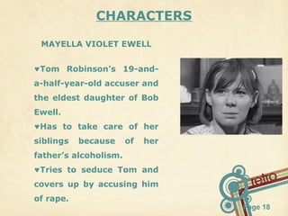CHARACTERS
MAYELLA VIOLET EWELL
♥Tom Robinson's 19-anda-half-year-old accuser and
the eldest daughter of Bob
Ewell.
♥Has to take care of her
siblings

because

of

her

father’s alcoholism.
♥Tries to seduce Tom and
covers up by accusing him
of rape.

Page 18

 