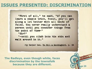 ISSUES PRESENTED: DISCRIMINATION

The Radleys, even though white, faces
discrimination by the townsfolk
because they are different.

Page 20

 