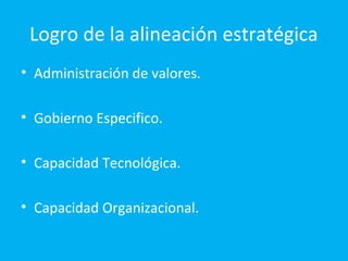 Logro de la alineación estratégica
• Administración de valores.

• Gobierno Especifico.

• Capacidad Tecnológica.

• Capacidad Organizacional.
 