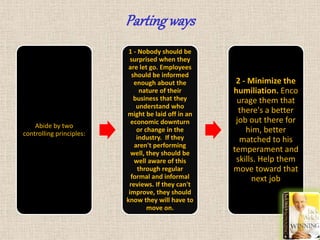 Partingways
Abide by two
controlling principles:
1 - Nobody should be
surprised when they
are let go. Employees
should be informed
enough about the
nature of their
business that they
understand who
might be laid off in an
economic downturn
or change in the
industry. If they
aren't performing
well, they should be
well aware of this
through regular
formal and informal
reviews. If they can't
improve, they should
know they will have to
move on.
2 - Minimize the
humiliation. Enco
urage them that
there's a better
job out there for
him, better
matched to his
temperament and
skills. Help them
move toward that
next job
 