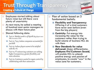 5
 Employees started talking about
future vision but still there were
plenty of uncertainty
 As next move, he called a meeting
of hundred most senior managers to
discuss with them future plan
 Shared following data:
 Fact #1: Market worth is of $500B (Big players were:
IBM, Accenture, EDS)
 Fact #2: Top 5 Indian companies accounted for
just $6B
 Fact #3: Indian players seems to be satisfied
with the 1%
 Fact #4: IT outsourcing customers are seeking
higher transparency, greater flexibility and
more attention
 Fact #5: Customers wanted to regain control by
collaborating with their outsourcers
 Plan of action based on 3
fundamental beliefs:
 Flexibility and Transparency:
Offering it of a kind customers
have never seen before (even
from the big players)
 Centricity: Put energy into
increasing the value for the
customers rather than trying to
build volume of business HCL do
with them
 New Standards for value
delivered: Major differentiator,
Employees First Customers Second,
will enable HCL to unleash
positive energy and passion of
employees, to create “wow” in the
value zone for customers.
 