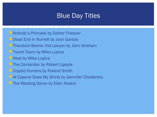 Blue Day Titles

 Nobody’s Princess by Esther Friesner
 Dead End in Norvelt by Jack Gantos
 Theodore Boone: Kid Lawyer by John Grisham
 Travel Team by Mike Lupica
 Heat by Mike Lupica
 The Contender by Robert Lipsyte
 Cryptid Hunters by Roland Smith
 Al Capone Does My Shirts by Gennifer Choldenko
 The Westing Game by Ellen Raskin
 