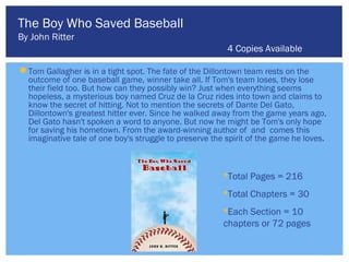 The Boy Who Saved Baseball
By John Ritter
                                                         4 Copies Available

 Tom Gallagher is in a tight spot. The fate of the Dillontown team rests on the
  outcome of one baseball game, winner take all. If Tom's team loses, they lose
  their field too. But how can they possibly win? Just when everything seems
  hopeless, a mysterious boy named Cruz de la Cruz rides into town and claims to
  know the secret of hitting. Not to mention the secrets of Dante Del Gato,
  Dillontown's greatest hitter ever. Since he walked away from the game years ago,
  Del Gato hasn't spoken a word to anyone. But now he might be Tom's only hope
  for saving his hometown. From the award-winning author of and comes this
  imaginative tale of one boy's struggle to preserve the spirit of the game he loves.



                                                        Total Pages = 216
                                                        Total Chapters = 30
                                                        Each Section = 10
                                                        chapters or 72 pages
 