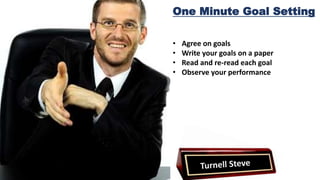 One Minute Goal Setting
• Agree on goals
• Write your goals on a paper
• Read and re-read each goal
• Observe your performance
 
