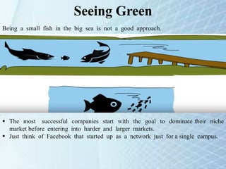 Seeing Green
Being a small fish in the big sea is not a good approach.
 The most successful companies start with the goal to dominate their niche
market before entering into harder and larger markets.
 Just think of Facebook that started up as a network just for a single campus.
 
