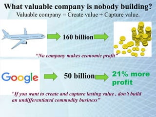 What valuable company is nobody building?
Valuable company = Create value + Capture value.
160 billion
50 billion 21% more
profit
“No company makes economic profit”
“If you want to create and capture lasting value , don’t build
an undifferentiated commodity business”
 