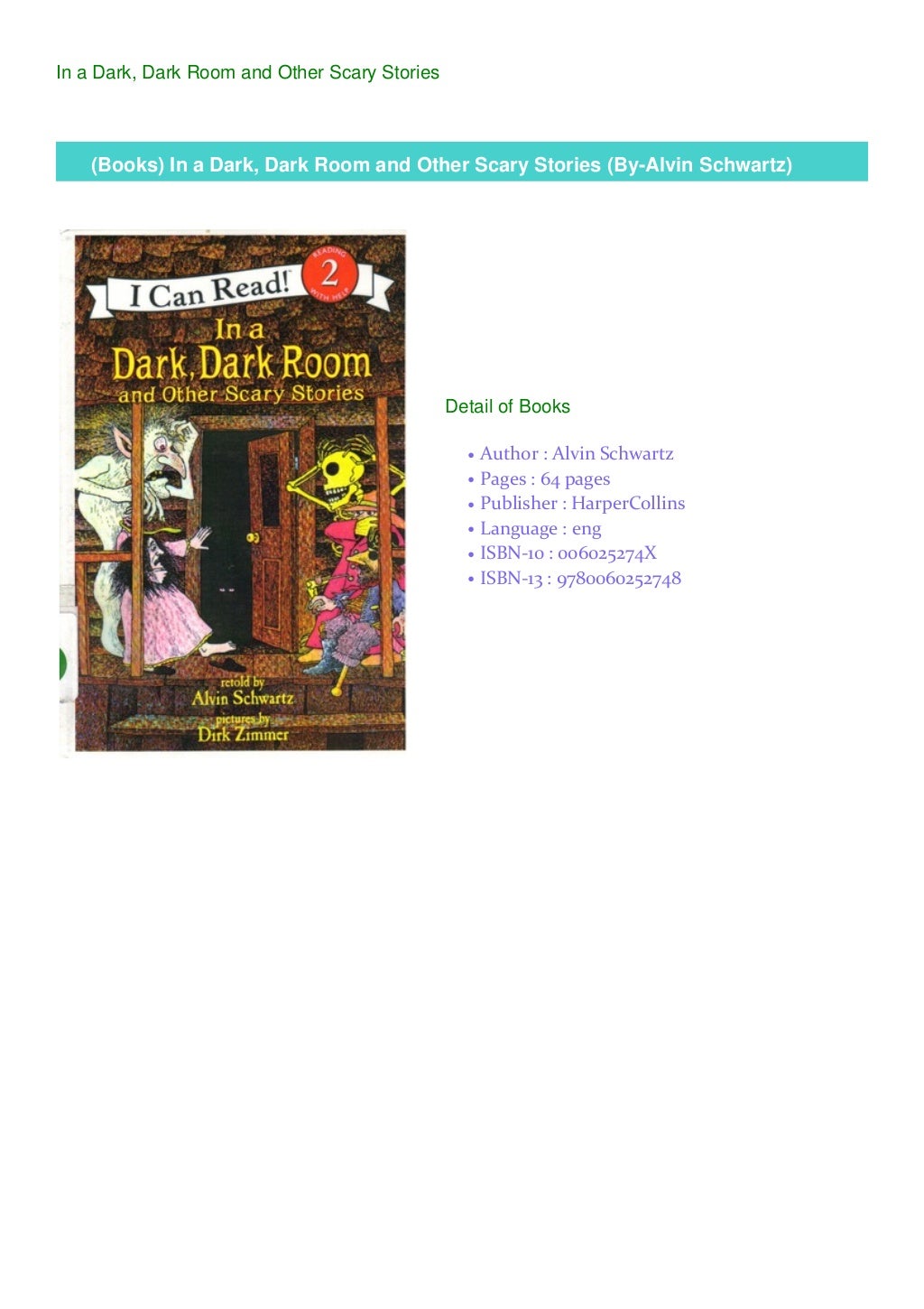 (Books) In a Dark, Dark Room and Other Scary Stories (ByAlvin Schwartz)