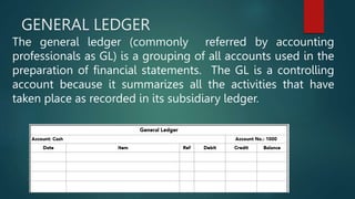 GENERAL LEDGER
The general ledger (commonly referred by accounting
professionals as GL) is a grouping of all accounts used in the
preparation of financial statements. The GL is a controlling
account because it summarizes all the activities that have
taken place as recorded in its subsidiary ledger.
 