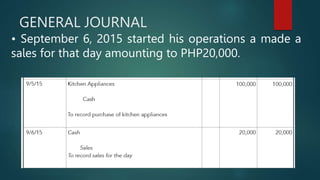 GENERAL JOURNAL
• September 6, 2015 started his operations a made a
sales for that day amounting to PHP20,000.
 