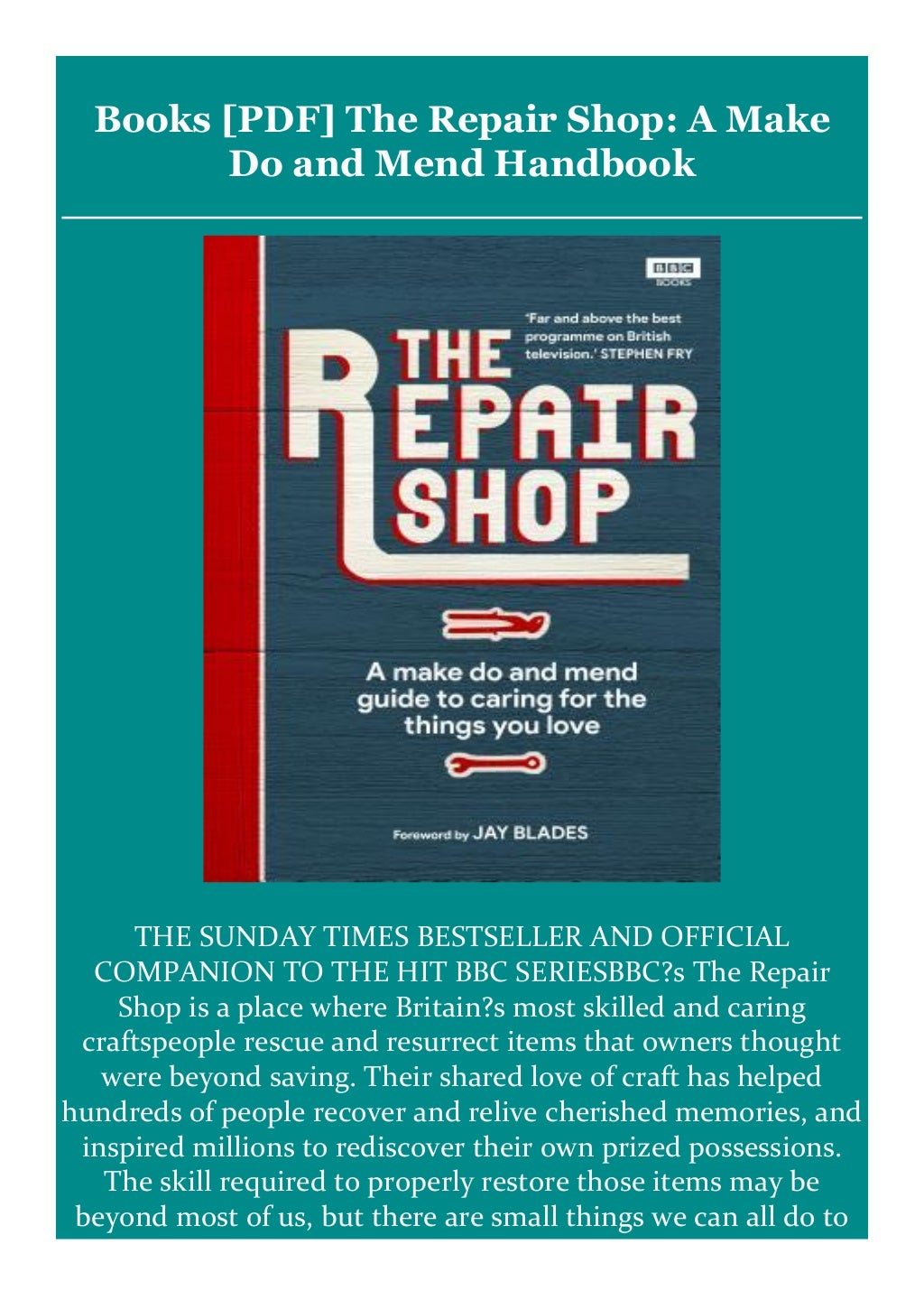 Books [PDF] The Repair Shop A Make Do and Mend Handbook