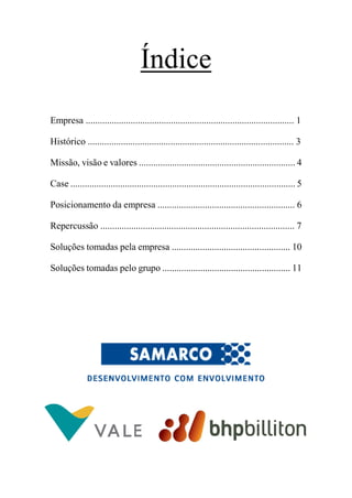 Índice
Empresa ........................................................................................ 1
Histórico ....................................................................................... 3
Missão, visão e valores .................................................................. 4
Case ............................................................................................... 5
Posicionamento da empresa .......................................................... 6
Repercussão .................................................................................. 7
Soluções tomadas pela empresa .................................................. 10
Soluções tomadas pelo grupo ...................................................... 11
 