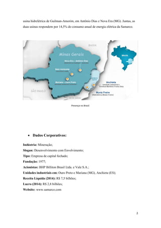 2
usina hidrelétrica de Guilman-Amorim, em Antônio Dias e Nova Era (MG). Juntas, as
duas usinas respondem por 14,5% do consumo anual de energia elétrica da Samarco.
Presença no Brasil.
 Dados Corporativos:
Indústria: Mineração;
Slogan: Desenvolvimento com Envolvimento;
Tipo: Empresa de capital fechado;
Fundação: 1977;
Acionistas: BHP Billiton Brasil Ltda. e Vale S.A.;
Unidades industriais em: Ouro Preto e Mariana (MG), Anchieta (ES);
Receita Líquida (2014): R$ 7,5 bilhões;
Lucro (2014): R$ 2,8 bilhões;
Website: www.samarco.com
 