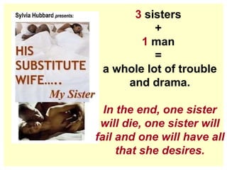 3  sisters  +  1  man  =  a whole lot of trouble and drama. In the end, one sister will die, one sister will fail and one will have all that she desires. 
