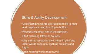 Skills & Ability Development
• Understanding words are read from left to right
and pages are read from top to bottom
• Recognizing about half of the alphabet
• Start matching letters to sounds
• May start to recognize their name in print and
other words seen a lot such as on signs and
logos
• Start noticing words that rhyme
 