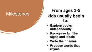 Milestones
From ages 3-5
kids usually begin
to:
• Explore books
independently
• Recognize familiar
signs and labels
• Write their names
• Produce words that
rhyme
 