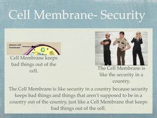 Cell Membrane- Security


Cell Membrane keeps
bad things out of the
                                        The Cell Membrane is
        cell.
                                         like the security in a
                                                country.
The Cell Membrane is like security in a country because security
  keeps bad things and things that aren’t supposed to be in a
country out of the country, just like a Cell Membrane that keeps
                    bad things out of the cell.
 
