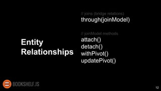Entity
Relationships
// joins (bridge relations)
through(joinModel)
// joinModel methods
attach()
detach()
withPivot()
updatePivot()
12
 