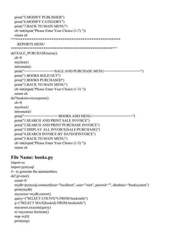 BOOK SHOP SYSTEM Project in Python | PDF