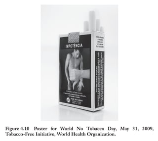 Trim Size: 6in x 9in Morin c04.tex V1 - 07/25/2018 5:59pm Page 93
k
k k
k
APPLYING SIX STIMULI TO PERSUADE THE PRIMAL BRAIN 93
Figure 4.10 Poster for World No Tobacco Day, May 31, 2009,
Tobacco-Free Initiative, World Health Organization.
is processed in the primal brain. For instance, if you use bullets with
text on your presentation slides, none of that data is visual! The primal
brain sees letters as of if they were hieroglyphs, which mean they will
trigger no meaning or urgency!
The Neuroscience of Visual
For visual, we tested the following research question: Can you make a
message easier to process and more memorable by making it more visual?
We used the following advertising stimuli to test our hypothesis:
• Insurance print ad:
• One ad explaining the value of life insurance using text.
• One ad showing someone about to be eaten by a shark.
• Pictures and words of animals flashed for 10 seconds.
 