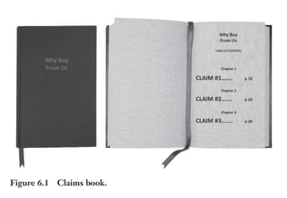 Trim Size: 6in x 9in Morin c06.tex V1 - 07/25/2018 5:59pm Page 132
k
k k
k
132 DECODING YOUR PERSUASIVE NARRATIVE
they should choose your apple in a stack of identical apples unless of
course you offer the biggest apple!
To differentiate your claims, you need to use the Von Restorff effect
to your advantage. First discovered in 1933, and later confirmed by
many researchers, this cognitive bias states that an item that sticks out
is more likely to be remembered. To make your solution stand out, you
need to say: “We are the first/only/best provider of claim 1, claim 2,
claim 3.” Researcher Erin MacDonald at Stanford wrote: “Generally,
product differences prove to attract more attention than commonal-
ities” [143]. Also note that most messages focus on what the vendor
does rather than why the customers should buy. To stand out and con-
struct a message that is friendly to the primal brain you need a clear set
of claims, emphasizing why they should choose your product. Simply
imagine that you are writing a book entitled Why Buy from Us? We
recommend that the book should have no more than three chapters
(see Figure 6.1).
Your claims are the titles of the three chapters in your book (three is the
maximum). As discussed in the section on memorable in Chapter 4,
researchers have found that working memory can only hold and
manipulate between three and five items, hence our recommendation
Figure 6.1 Claims book.
 