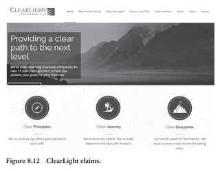 Trim Size: 6in x 9in Morin c08.tex V1 - 07/25/2018 5:59pm Page 198
k
k k
k
198 DECODING YOUR PERSUASIVE NARRATIVE
Example of Claims: ClearLight Partners
ClearLight Partners LLC is a private equity firm located in Orange
County, CA. A few years ago they contacted SalesBrain to help them
communicate their competitive differentiation to business owners
thinking about bringing on a partner. After a thorough reflection on
what made them unique, the team categorized their benefits under the
three chapters of
• Clear principles
• Clear journeys
• Clear outcomes
Notice how these claims nicely tie in with the name of the com-
pany to create a strong branding image. Michael Kaye, Founder of
ClearLight Partners said, “SalesBrain was helpful in guiding us towards
a concise presentation of our key points of differentiation and unique offerings
as a firm. They were important contributors to the aesthetic of our website and
Figure 8.12 ClearLight claims.
 
