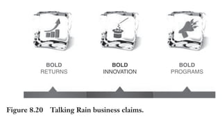 Trim Size: 6in x 9in Morin c08.tex V1 - 07/25/2018 5:59pm Page 205
k
k k
k
DELIVER TO THE PRIMAL BRAIN 205
Brad Mountz, CEO and president, reported, “It was not easy for us
to align our message on 3 simple reasons why our customers should choose us.
But in the end, our commitment to delivering on our promise is really what
sets us apart: our people know more about torqueing than anybody else in the
industry, and we can guarantee our quality, our expertise and our support.
Creating that level of clarity on what makes us unique and guaranteeing it
helped our business grow nicely in the last years. In the competitive world we
live in, I am proud and happy with those results.”
Example of Claims: Talking Rain
Based in Seattle, Washington, Talking Rain Beverage Company is an
industry leader that creates brands using innovative ingredients and
ideas. A few years ago, the vice president of marketing reached out to
SalesBrain to help them improve their sales message. The Sparkling
Ice brand had always been strong at a consumer level, but they had a
tough time linking it to business value for the resellers – big retailer
chains. SalesBrain showed them how they could unify benefits under
three claims (Figure 8.20). Here’s a testimonial from Chris Hall, COO:
A few years ago, we reached out to SalesBrain to improve our sales message. Our
branding had always been strong, but we were looking to link that strength to
actual value for our resellers. SalesBrain showed us how to unify our benefits
under three claims. As a result our business presentations have gotten shorter,
clearer and more effective. We have trained our entire sales and marketing team
and we now share the same way of presenting our unique value proposition.
BOLD
RETURNS
BOLD
INNOVATION
BOLD
PROGRAMS
Figure 8.20 Talking Rain business claims.
 