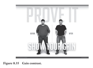 Trim Size: 6in x 9in Morin c08.tex V1 - 07/25/2018 5:59pm Page 264
k
k k
k
264 DECODING YOUR PERSUASIVE NARRATIVE
Or to avoid or alleviate the pain or cost of
• Complicated versus simple
• Fast versus slow
• Expensive versus affordable
Figure 8.34 is an example for a yogurt ad, where the value prop is
clearly communicated with contrast.
The visual contrast helps you understand the value of a yogurt
rich in vitamin D to better absorb calcium and build strong bones.
Because of the visual dominance of the primal brain, contrast is
most effective when communicated through photography or illustra-
tions. Note how big pictures with contrast are often used to promote
products that can regrow hair or help you lose weight. For example,
Figure 8.35, you see on the left side an overweight man and on the
right side you now have the same man 100 pounds lighter!
Figure 8.35 Gain contrast.
 