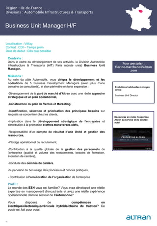 Business Unit Manager H/F
Région : Ile-de-France
Divisions : Automobile Infrastructures & Transports
15
Localisation : Vélizy
Contrat : CDI – Temps plein
Date de début : Dès que possible
Pour postuler :
florine.marchand@altran
.com
Evolutions habituelles à moyen
terme:
Business Unit Director
Contexte :
Dans le cadre du développement de ses activités, la Division Automobile
Infrastructure & Transports (AIT) Paris recrute un(e) Business Unit
Manager.
Missions :
Au sein du pôle Automobile, vous dirigez le développement et les
opérations de 5 Business Development Managers (avec plus d’une
centaine de consultants), et d’un périmètre en forte expansion :
-Développement de la part de marché d’Altran avec une réelle approche
stratégique et un plan opérationnel,
-Construction du plan de Ventes et Marketing,
-Identification, sélection et priorisation des principaux besoins sur
lesquels se concentrer chez les clients,
-Implication dans le développement stratégique de l’entreprise et
contribution à la promotion d’offres transverses clefs,
-Responsabilité d’un compte de résultat d’une Unité et gestion des
ressources,
-Pilotage opérationnel du recrutement,
-Contribution à la qualité globale de la gestion des personnels de
l’entreprise (qualité et volume des recrutements, besoins de formation,
évolution de carrière),
-Conduite des comités de carrière,
-Supervision du bon usage des processus et bonnes pratiques,
- Contribution à l’amélioration de l’organisation de l’entreprise
Profil :
Le monde des ESN vous est familier? Vous avez développé une réelle
expertise en management d’encadrants et avez une réelle expérience
opérationnelle dans le secteur de l’automobile?
Vous disposez de compétences en
électrique/électronique/véhicule hybride/chaine de traction? Ce
poste est fait pour vous!
Découvrez en vidéo l’expertisa
Altran au service de la course
auto!
 