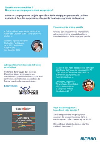 Financement de projets sportifs
Grâce à son programme de financement,
Altran accompagne ses collaborateurs
dans la réalisation de leurs projets sportifs.
Altran partenaire de la coupe de France
de robotique
Partenaire de la Coupe de France de
Robotique, Altran accompagne ses
collaborateurs passionnés de robotique à se
confronter aux meilleures associations de
France lors de cet événement phare
En savoir plus
Vous êtes développeur ?
Le code est votre passion ?
Altran est partenaire des plus grands
concours de programmation en ligne et
encourage ses collaborateurs à y participer.
De nombreux lots sont à gagner pour les
meilleurs d’entre eux !
Sportifs ou technophiles ?
Nous vous accompagnons dans vos projets !
Altran accompagne vos projets sportifs et technologiques personnels ou bien
associés à l’un des nombreux événements dont nous sommes partenaires.
« Grâce à Altran, nous avons participé au
Rallye des Gazelles 2017 ! Merci pour son
soutien ».
Tiphaine, Ingénieure Génie
Civil Altran Participante
de la 27ème édition du
Rallye Aïcha
des Gazelles 2017
« Altran a aidé notre association à participer
à la Coupe de France de robotique 2017 !
C’est super qu’Altran soit associé à cet
événement pour promouvoir
l’activité robotique ».
Christophe, Ingénieur
Altran Equipe OpenSabot,
1/8ème de finaliste de
la Coupe de France
de robotique 2017
 