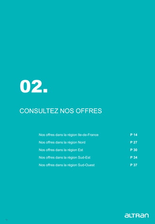 13
02.
CONSULTEZ NOS OFFRES
Nos offres dans la région Ile-de-France P 14
Nos offres dans la région Nord P 27
Nos offres dans la région Est P 30
Nos offres dans la région Sud-Est P 34
Nos offres dans la région Sud-Ouest P 37
 