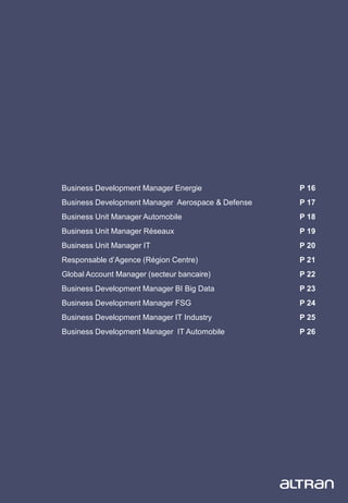15
Business Development Manager Energie P 16
Business Development Manager Aerospace & Defense P 17
Business Unit Manager Automobile P 18
Business Unit Manager Réseaux P 19
Business Unit Manager IT P 20
Responsable d’Agence (Région Centre) P 21
Global Account Manager (secteur bancaire) P 22
Business Development Manager BI Big Data P 23
Business Development Manager FSG P 24
Business Development Manager IT Industry P 25
Business Development Manager IT Automobile P 26
 