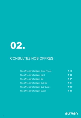 13
02.
CONSULTEZ NOS OFFRES
Nos offres dans la région Ile-de-France P 14
Nos offres dans la région Nord P 23
Nos offres dans la région Est P 27
Nos offres dans la région Sud-Est P 31
Nos offres dans la région Sud-Ouest P 36
Nos offres dans la région Ouest P 46
 