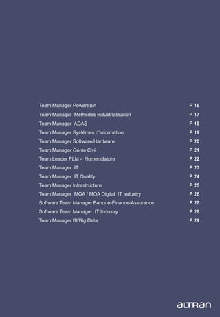 15
Team Manager Powertrain P 16
Team Manager Méthodes Industrialisation P 17
Team Manager ADAS P 18
Team Manager Systèmes d’information P 19
Team Manager Software/Hardware P 20
Team Manager Génie Civil P 21
Team Leader PLM - Nomenclature P 22
Team Manager IT P 23
Team Manager IT Quality P 24
Team Manager Infrastructure P 25
Team Manager MOA / MOA Digital IT Industry P 26
Software Team Manager Banque-Finance-Assurance P 27
Software Team Manager IT Industry P 28
Team Manager BI/Big Data P 29
 