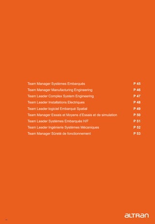 44
Team Manager Systèmes Embarqués P 45
Team Manager Manufacturing Engineering P 46
Team Leader Complex System Engineering P 47
Team Leader Installations Electriques P 48
Team Leader logiciel Embarqué Spatial P 49
Team Manager Essais et Moyens d’Essais et de simulation P 50
Team Leader Systèmes Embarqués H/F P 51
Team Leader Ingénierie Systèmes Mécaniques P 52
Team Manager Sûreté de fonctionnement P 53
 