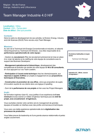 Team Manager Industrie 4.0 H/F
15
Région : Ile-de-France
Energy, Industry and Lifescience
Localisation : Vélizy
Contrat : CDI – Temps plein
Date de début : Dès que possible
Pour postuler :
honorine.laurent@altran.
com
Evolutions habituelles à moyen
terme:
Technical Unit Manager
Industrie 4.0 : Altran, source
d’inspiration !
Contexte :
Dans le cadre du développement de ses activités, la Division Energy, Industry
and Life Sciences (EILIS) Paris recrute un(e) Team Manager.
Missions :
Au sein de la Technical Unit Energie Conventionnelle et industrie, et rattaché
hiérarchiquement au Technical Unit Director, vous êtes responsable de la
performance opérationnelle de votre équipe :
- Gestion du recrutement (Plan de recrutement prévisionnel et mise en place
d’un vivier de talents) et du staffing de votre équipe de consultants avec le
support des Business Developers,
- Management opérationnel et hiérarchique, développement des
compétences et évolution de carrière de votre équipe de 40 à 50 consultants,
en vous appuyant sur vos Team Leaders.
- Participation à l’avant-vente technique chez les clients/prospects, aux
réponses à appels d’offres sur projets à engagement et aux propositions
techniques et financières,
- Construction et promotion de vos offres, ainsi que proposition de sujets
d’innovation auprès de vos clients dans une logique d’upselling
- Suivi de la performance de vos projets en lien avec les Project Managers
Profil :
De formation ingénieur (bac+5), vous justifiez d’une expérience de 8 ans
minimum et avez exercé un métier d’ingénieur technique puis de chef de
projet, avec encadrement d’ingénieurs.
Vous souhaitez orienter votre carrière vers le management de grandes
équipes et travailler en interface avec des profils commerciaux et techniques.
Vous avez une réelle expérience opérationnelle de la digitalisation des
processus de production.
Vous faites preuve de leadership et d’une grande aisance relationnelle et parlez
anglais couramment.
 