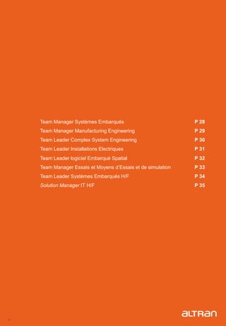 27
Team Manager Systèmes Embarqués P 28
Team Manager Manufacturing Engineering P 29
Team Leader Complex System Engineering P 30
Team Leader Installations Electriques P 31
Team Leader logiciel Embarqué Spatial P 32
Team Manager Essais et Moyens d’Essais et de simulation P 33
Team Leader Systèmes Embarqués H/F P 34
Solution Manager IT H/F P 35
 